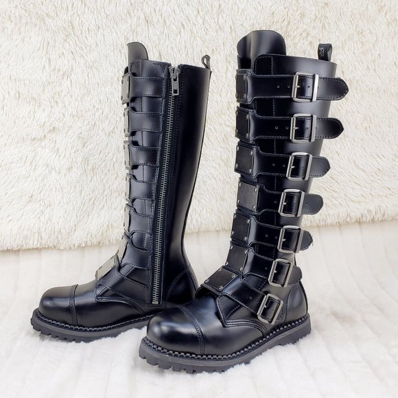 Demonia Other - Leather Shin Guard Strap Men's Military Goth Biker Steel Toe Riot Boots